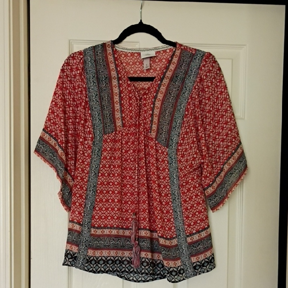 Knox Rose Red Patterned Peasant Tunic with Navy Trim